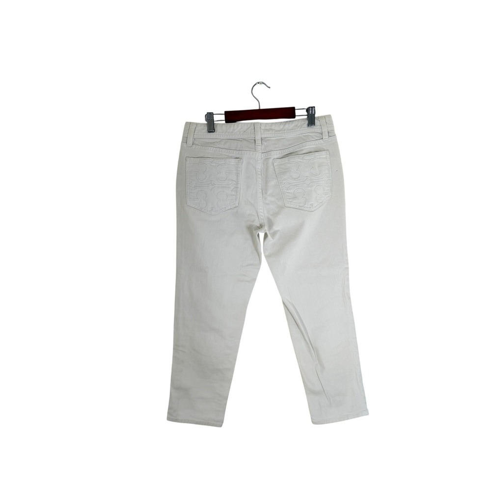 Tory Burch White Cropped Jeans‎ Embroidered Logo Back Pockets Size 28 - Picture 3 of 12